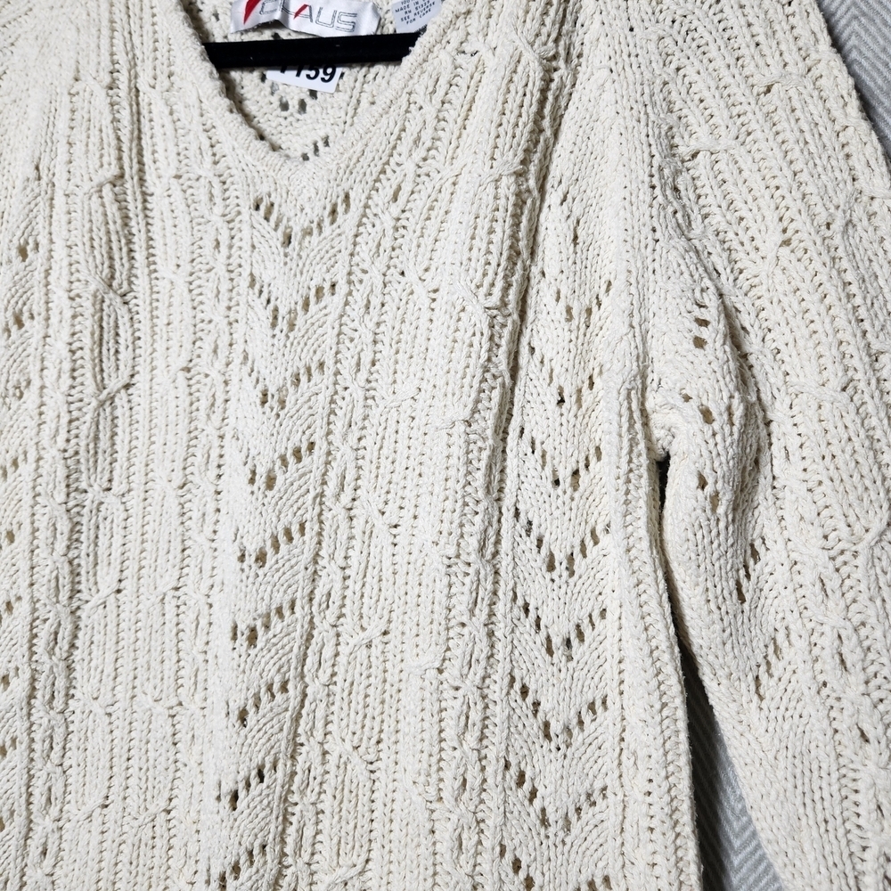 Vintage Claus Womens M Silk Cable Knit V-Neck Cream Sweater - Picture 4 of 7